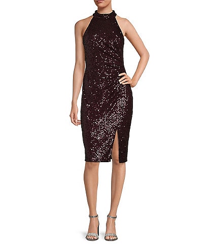 Eliza J Sequin Mock Neck Sleeveless Pleated Side Slit Dress