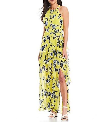 Eliza J Sleeveless Halter Neck Ruffle Thigh High Slit Floral Print Maxi Dress
