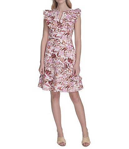 Eliza J Split V Neck Ruffle Trim Printed Poplin Shift Dress