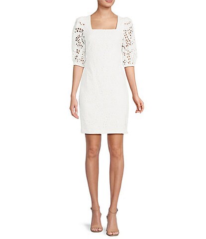 Eliza J Square Neck Eyelet 3/4 Sleeve Sheath Dress