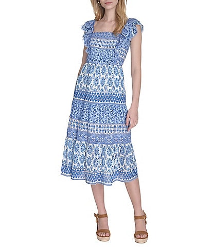 Eliza J Square Neck Ruffle Shoulder Smocked Bodice Printed Midi Dress