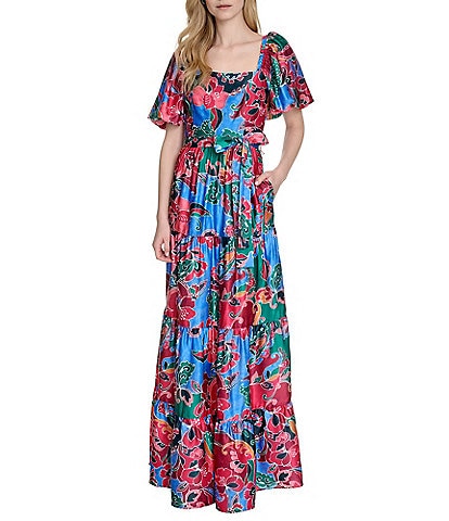Eliza J Square Neck Short Puffed Sleeve Crepe Satin A-Line Tiered Dress