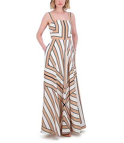 Eliza J Square Neck Sleeveless Stripe Scarf Print Aline Maxi Dress