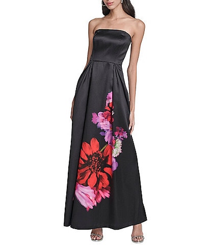 Eliza J Strapless Mikado Floral Print Strapless Gown