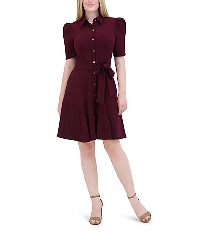 Eliza J Stretch Crepe Collar Neck Puff Elbow Sleeve Button Front Tie Waist Mini Dress