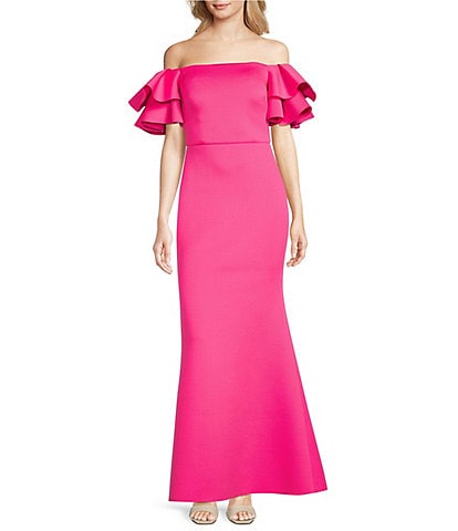 Eliza J Stretch Scuba Crepe Off-The-Shoulder Tiered Ruffle Short Sleeve Mermaid Gown