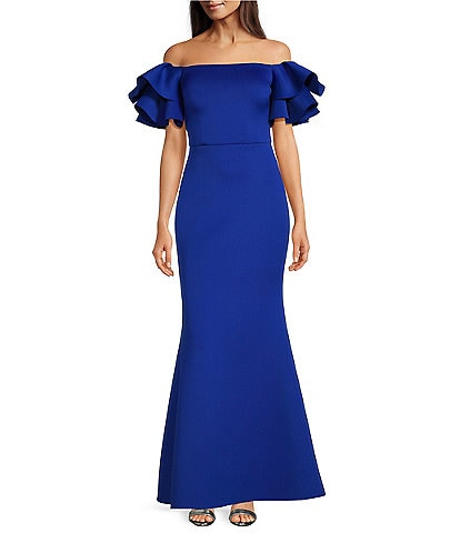 Eliza J Stretch Scuba Crepe Off-The-Shoulder Tiered Ruffle Short Sleeve Mermaid Gown