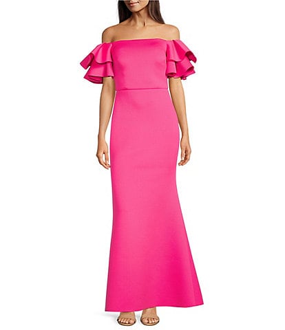 Eliza J Stretch Scuba Crepe Off-The-Shoulder Tiered Ruffle Short Sleeve Mermaid Gown