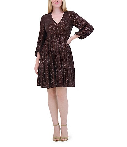 Eliza J V-Neck 3/4 Balloon Sleeve Sequin Tiered Trapeze Dress