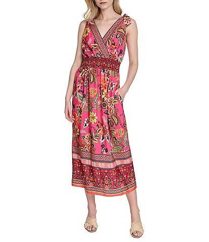 Eliza J V-neck Bow Shoulder Floral Print Smocked Waist Midi Dress