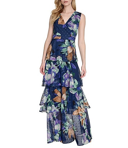 Eliza J V-Neck Sleeveless Floral Print Metallic Clip Dot Chiffon Tiered Maxi Dress