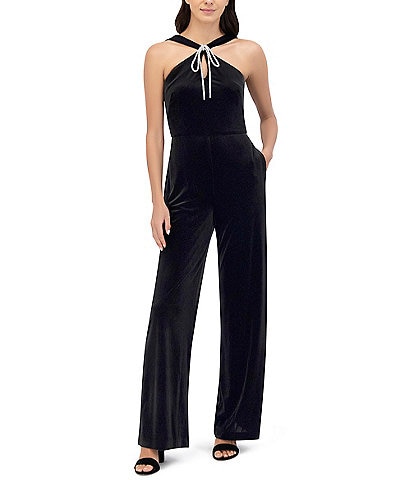 Eliza J Velvet Halter Neck Sleeveless Keyhole Bow Straight Leg Jumpsuit