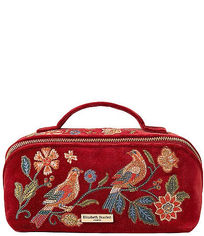 Elizabeth Scarlett Botanical Birds Velvet Open Flat Makeup Bag