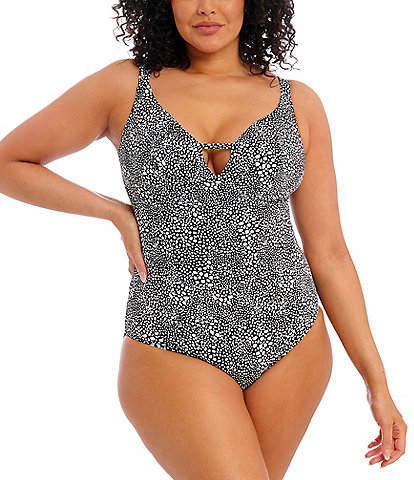 Elomi Plus Size Pebble Cove Extended Bra Size V-Neck Cut-Out One Piece Swimsuit