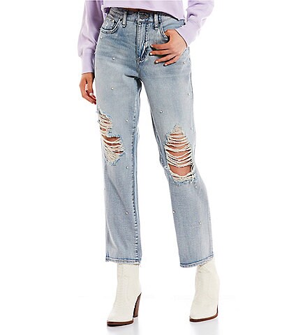 Embellished High Rise Relaxed Cropped Straight Jeans