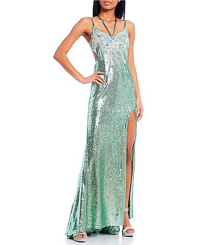 Dear Moon Embroidered Butterfly Glitter Sequin Side Slit Gown