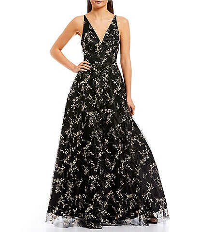 Embroidered Glitter Mesh Floral Ball Gown