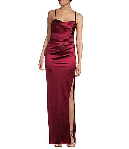 Honey and Rosie Emma Bodice Side Slit Satin Long Dress