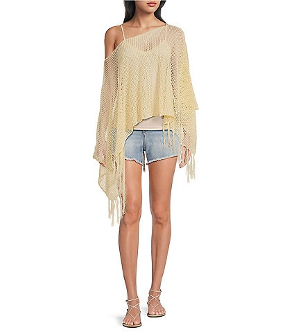 Emory Park Crochet One Shoulder Fringe Hem Poncho