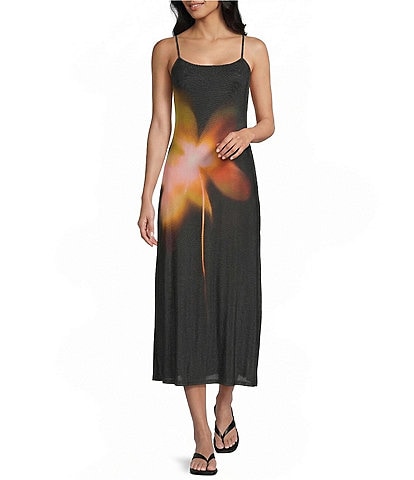 Emory Park Exploded Floral Print Mesh Square Neck Sleeveless Maxi Dress