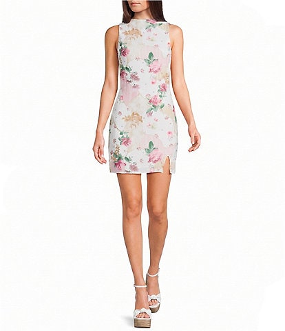 Emory Park Mesh Floral Printed Mock Neck Mini Dress