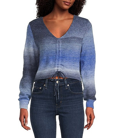 Emory Park Spacedye V-Neck Ruched Tie Front Long Sleeve Cropped Sweater