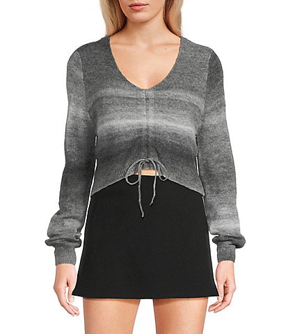 Emory Park Spacedye V-Neck Ruched Tie Front Long Sleeve Cropped Sweater
