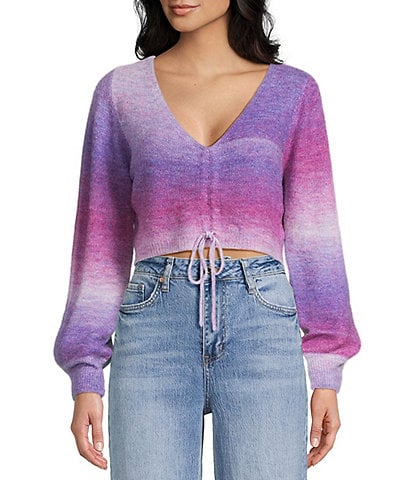Emory Park Spacedye V-Neck Ruched Tie Front Long Sleeve Cropped Sweater