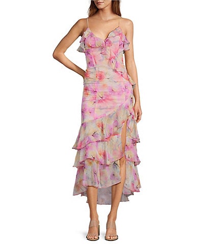 En Saison Amari Floral Print V-Neck Sleeveless Asymmetrical Hem Maxi Dress