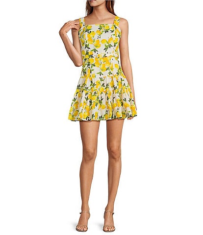 En Saison Blanca Lemon Print Square Neckline Sleeveless Tiered Mini Dress