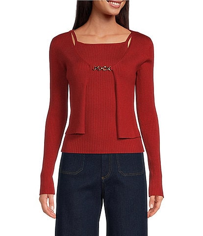 En Saison Colby Knit Tank and Caridgan Two-Piece Square Neck Long Sleeve Sweater