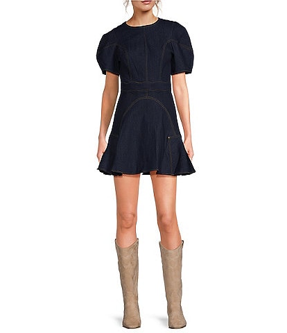 En Saison Dakota Denim Crew Neck Short Puff Sleeve Ruffle Hem Mini Dress