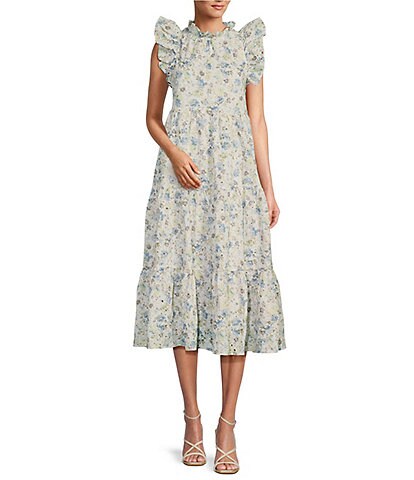 En Saison Eliza Floral Print Rufled Mock Neck Short Flutter Sleeve Tiered Midi Dress