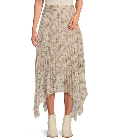 En Saison Ever Printed High Rise Asymmetrical Ruffle Hem Pleated Midi Skirt