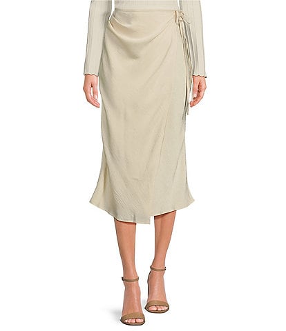 En Saison Greta Bias Satin Pleated Wrap Tie Midi Skirt