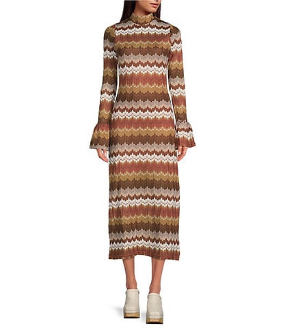 En Saison Le Voilie Wave Striped Print Novelty Knit Mock Neck Long Sleeve Bell Cuff A-Line Dress