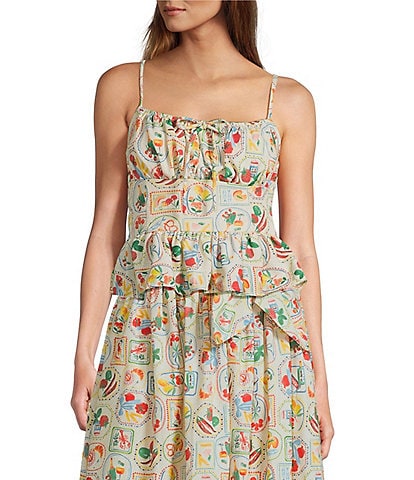 En Saison Nayeli Fruit Print Linen Blend Square Neck Sleeveless Peplum Coordinating Top