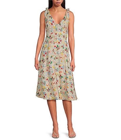 En Saison Nayeli Fruit Print Linen Blend V-Neck Sleeveless Button Front Midi Dress