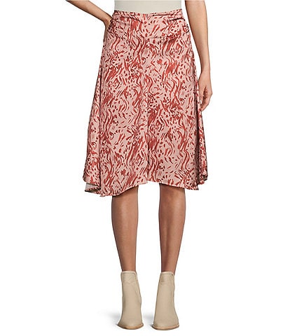 En Saison Selah Printed Satin Asymmetrical Midi Skirt