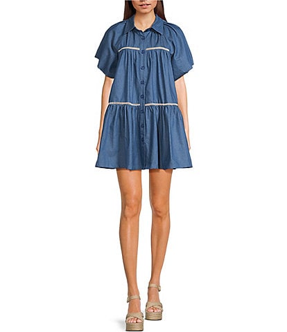 En Saison Tara Point Collar Short Bubble Sleeve Side Pocket Button Down Mini Shirt Dress