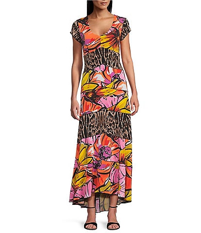Eva Varro Animal Tulip Floral Mix Print Scoop Neck Cap Sleeve Six Tier Maxi Dress
