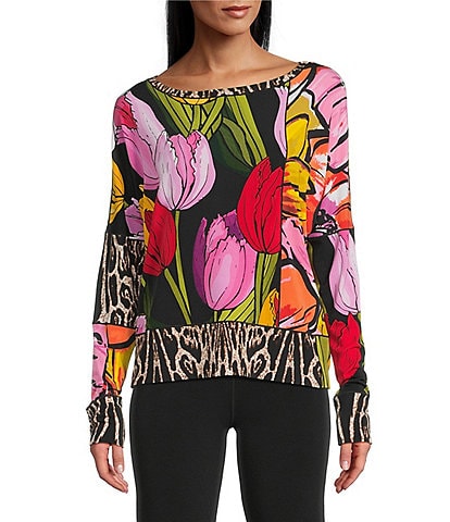 Eva Varro Animal Tulip Floral Print Boat Neck Long Sleeve Top
