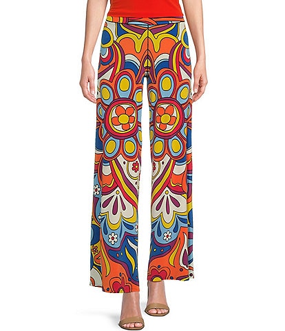 Eva Varro Annie Knit Jersey Mod Floral Print Wide-Leg Pull-On Pants