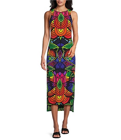 Eva Varro Barbara Jersey Knit Abstract Print Round Neck Sleeveless A-Line Midi Dress