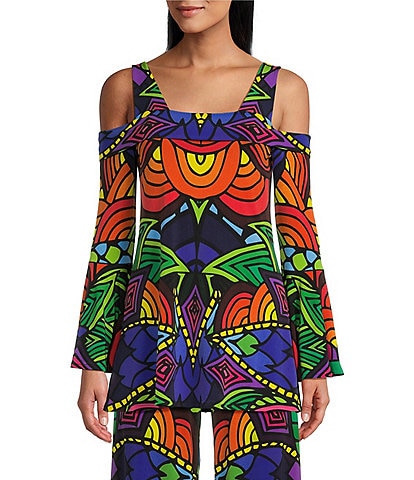 Eva Varro Barbara Jersey Knit Coordinating Abstract Print Off-The-Shoulder Neck 3/4 Bell Sleeve Tunic
