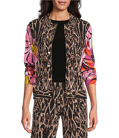 Eva Varro Coordinating Abstract Animal Floral Print Notch Collar Long Sleeve Short Jean Jacket