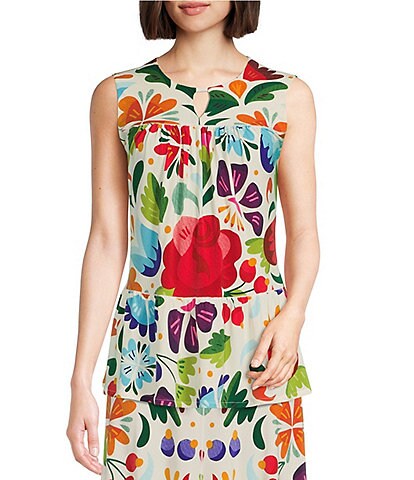 Eva Varro Coordinating Knit Jersey Floral Print Split Round Neck Sleeveless Shirred Top