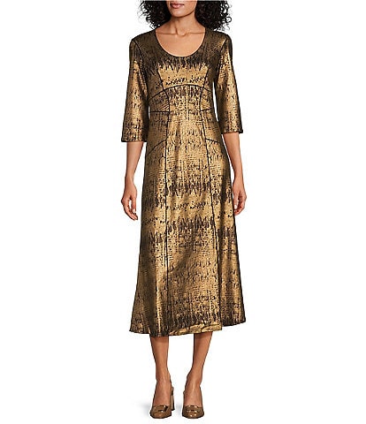 Eva Varro Donna Bronze Foil Jersey Scoop Neck 3/4 Sleeve Long Dress