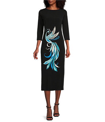 Eva Varro Exotic Bird Placement Print 3/4 Sleeve Jersey Knit Midi Dress
