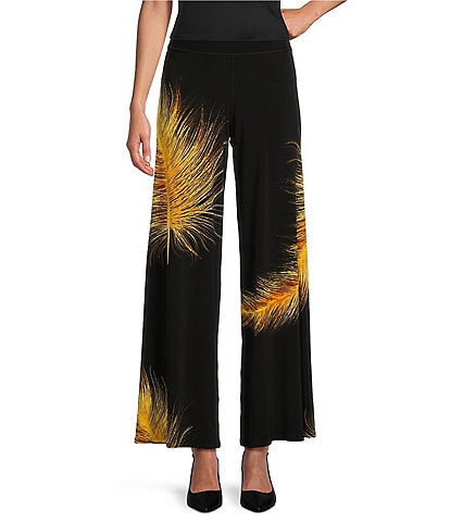 Eva Varro Exotic Feather Print Knit Jersey Wide Leg Pull-On Pants